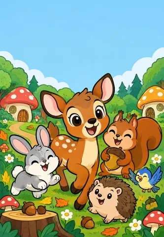 Cover of Paws, Poof, and Acorns, kids' coloring book by Happy Forever