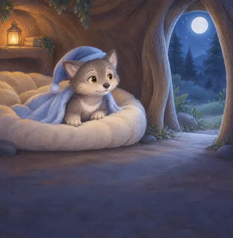 Night comes. Little Wolf peeks.