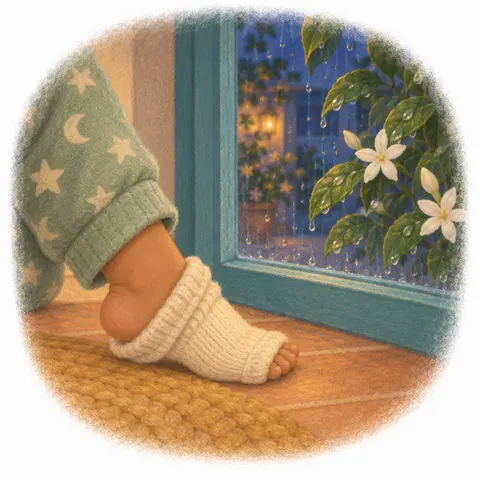 A slipping sock and rain-beaded leaves.