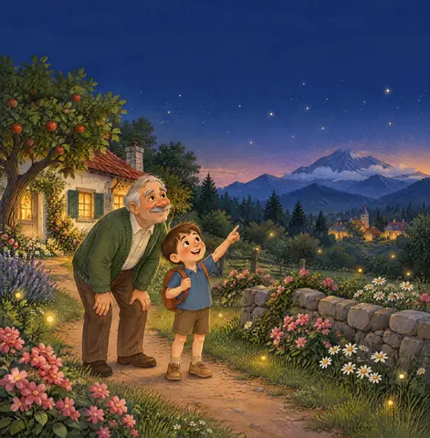 В края на едно малко селце живееше момче на име Митко. То обичаше да прекарва вечерите в градината с дядо си и да наблюдава…
