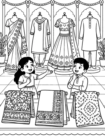 Indian Clothing Studio Colour the outfits and create a border for the saree.