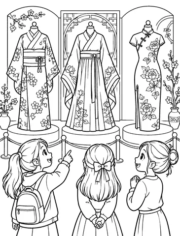 Three Distinct Traditions Colour each outfit separately, noticing its shape and details.