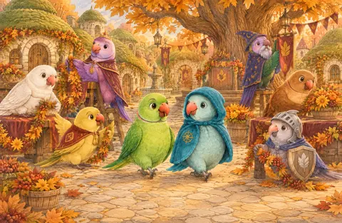 Deep in a magical kingdom called Featherwyn, autumn painted the trees gold, amber, and red. Eight little parrots lived…