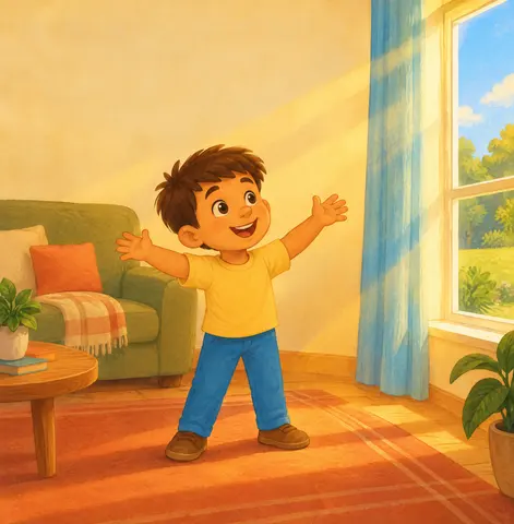 Kai loves the bright, el sol in the sky, Warm on his cheeks as the clouds drift by.