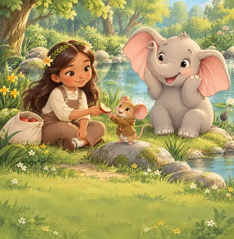 Lily shared a little piece of her apple with Tiny. Ellie smiled, and soon all three were laughing together.