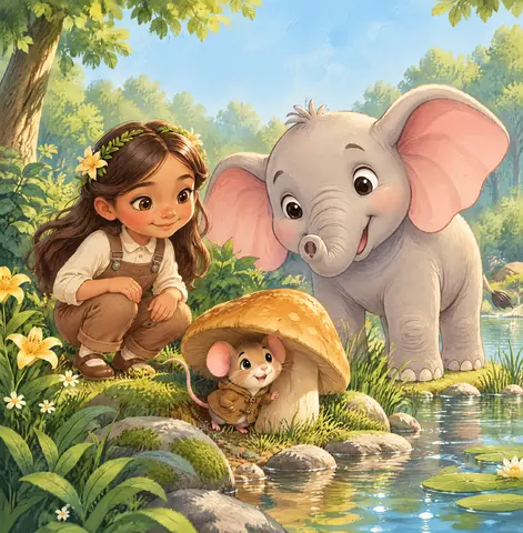 Suddenly, a little mouse peeked out from beneath a mushroom. His name was Tiny, and he was looking for food.