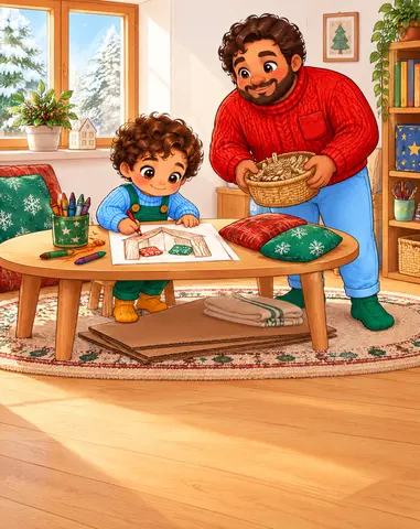 Basile dessine sa recette : des murs, un toit et deux coussins.