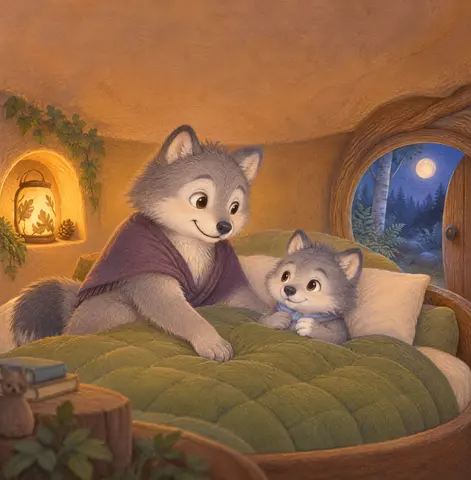 Mama patted a hollow for his paws. His scarf tickled underneath his chin. “Even my scarf wants a snuggle,” he murmured.