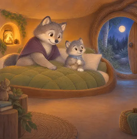 But beyond the doorway, daylight had slipped away. Little Wolf tucked his paws closer. Bedtime suddenly felt a little…
