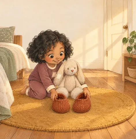 Kira bows beside her slippers to welcome her first hotel guest.