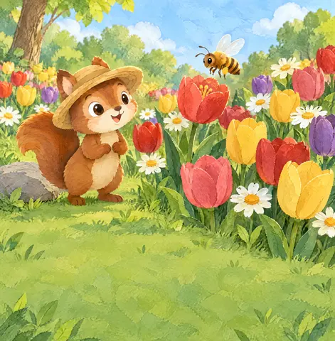 【第 5 页】花儿为什么是彩色的 画面描述： 五颜六色的郁金香和雏菊盛开在草地上，小蜜蜂正在花蕊里采蜜。