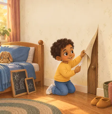 Dylan drew another door on the loose wallpaper flap.