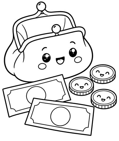 Coins, Notes and Counting Find the three coins, then color the purse.