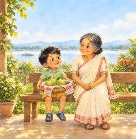 Cover of Four Guavas and a Gamosa, picture book by Mrinal Kalita