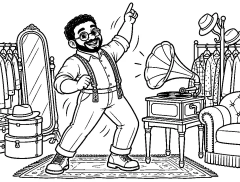 Dad shows off his best disco moves beside the brass horn.