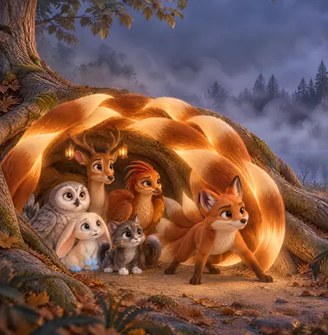 “Quick!” Lio led them under beech roots, weaving storm-proof shelter with seven tails.