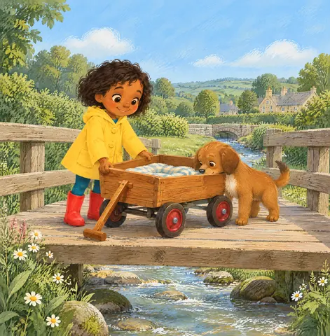 Violet steadied the wagon for Treacle beside the bridge.