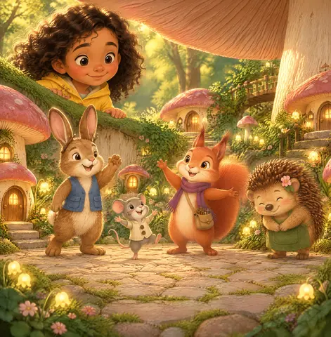 Hugo, the hedgehog gardener, bowed. Milo, a village mouse, bounced beside him.