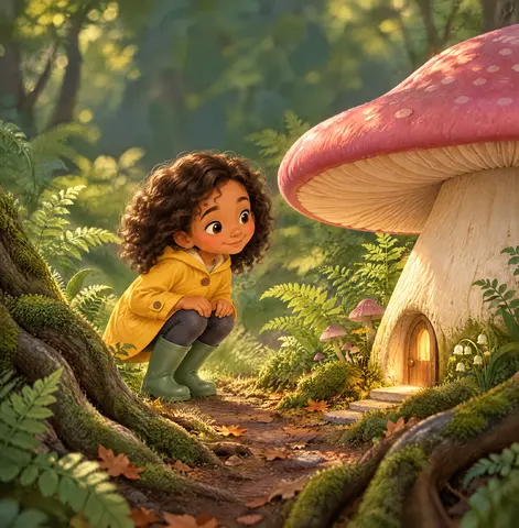 Lily, a curious girl, heard tapping beneath an enormous magical mushroom.