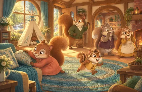 Mummy squirrel searched high and low. Daddy squirrel asked both friend and foe. Grandad squirrel called out her name…