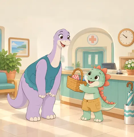 “Surprise!” Ada bends. “For me?” Find bell, clock, flowerpot, and umbrella.