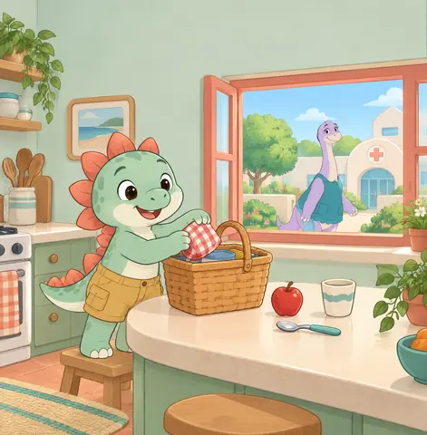 Zed’s packing a surprise picnic for Aunt Ada! Find basket, apple, cup, spoon.