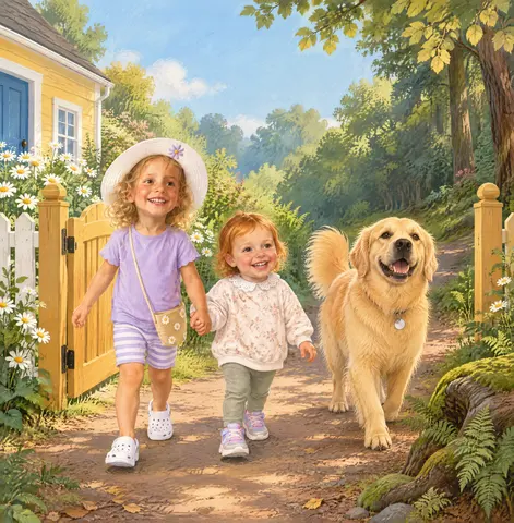 Three explorers, one little trail. At the garden gate, Callie takes Gracie’s hand. Today, she hopes to find something BIG.