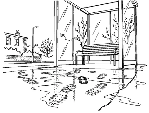 Overlapping wet footprints cross the pavement by the shelter entrance.