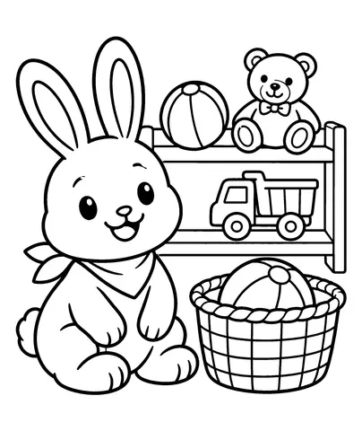Toy Shelf Treasures Circle both balls on the toy shelf and in the basket.