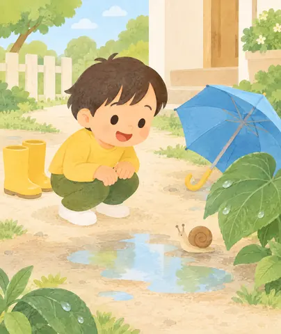 あめの おさんぽ ながぐつと かさを みつけて すきな いろで ぬろう。