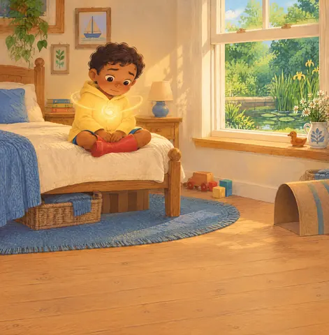 Golden energy swirls in Milo’s heart as he sits in his bedroom.