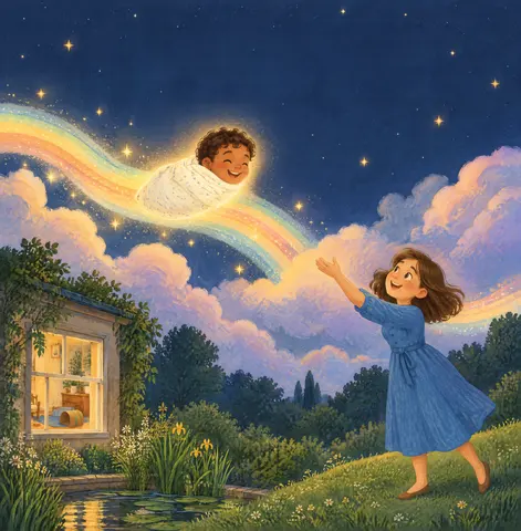 A newborn baby flies through the star-filled sky to meet his Mum.