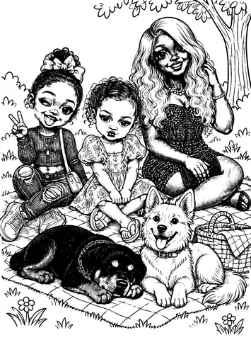 The Girls Gather Color the girls and their dogs.