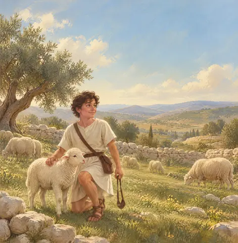 Little David watched his woolly sheep.