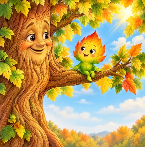 A fost odată ca niciodată, sus pe creanga unui copac bătrân și înțelept, o frunză mică și veselă pe nume Frunzioara.