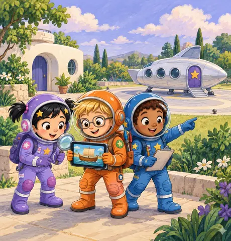 “I want to see the past,” I say. “Let us take our ship!” Ben and Sam hop in with me. Our first clue shows a boat. Off we go!