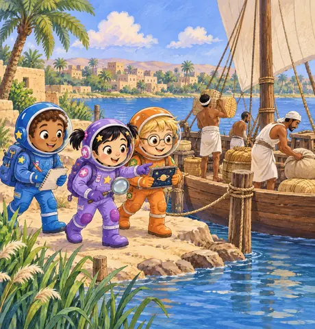 We stop in Egypt long, long ago. We see a wide river. A boat sits on it. “There!” says Ben. “Can that boat be the one we…