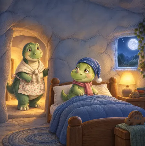 Still, he could not sleep. Then Mama Dinosaur came in.