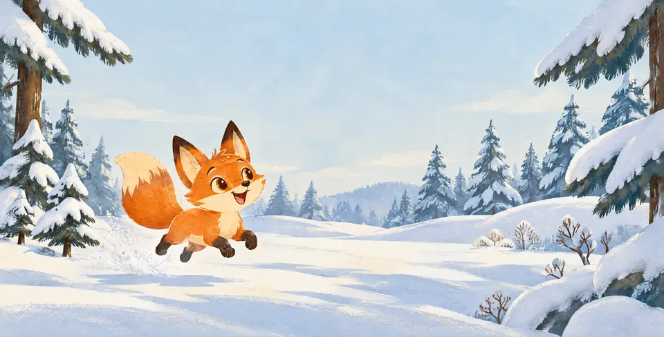 Rubis, la petite renarde, saute dans la neige.