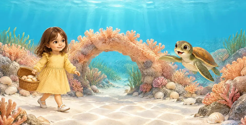 Iulia was a little child who could walk underwater. Iulia, his young sea turtle friend, swam along with him.