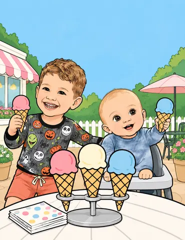 Cover of Scoops, Giggles, and Waffle Wiggles, kids' coloring book by Megan Denaut