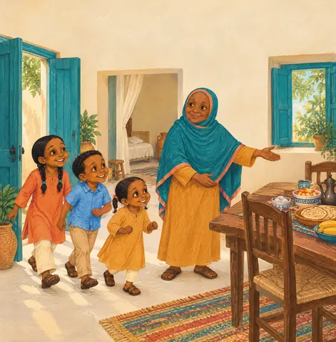 Page text: Ayeeyo loves stories, warm shaah, laughter, and teaching her grandchildren new Somali words. Illustration…