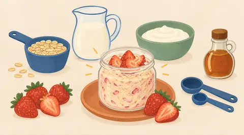 STRAWBERRY OVERNIGHT OATS Mix tonight, enjoy tomorrow! INGREDIENTS ½ cup rolled oats ½ cup milk ¼ cup yogurt 3…