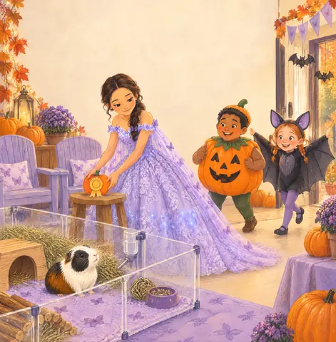 Suki’s pen held hay and a hide; Annalys set a pumpkin prize card on a stool.