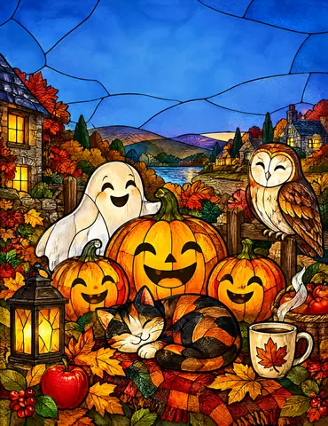 Cover of Cozy Fall & Halloween Stained Glass Coloring Book, an adult coloring book by Willow & Wonder Books