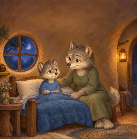 Bedtime comes softly. Little Wolf waits.