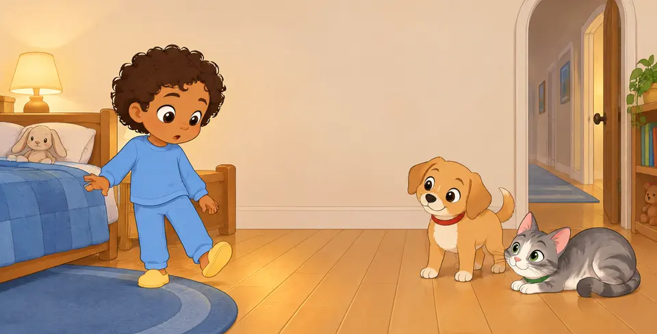 Little Hazel's yellow slipper squeaked at bedtime. Dottie, their dog, tipped her head.