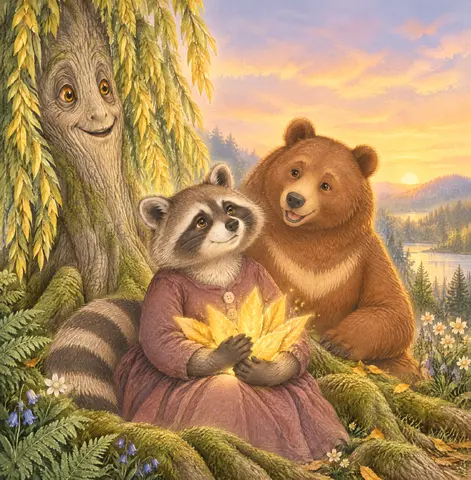Cover of Mama Raccoon and the Seven Golden Leaves, a picture book by Brika Rickard