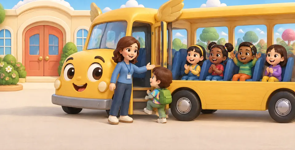 Buzzy the yellow bus parked outside a cheerful school. Miss Joy and the kids climb aboard, smiling.