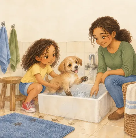 Mom checked the warm bathwater; one muddy paw went splash!